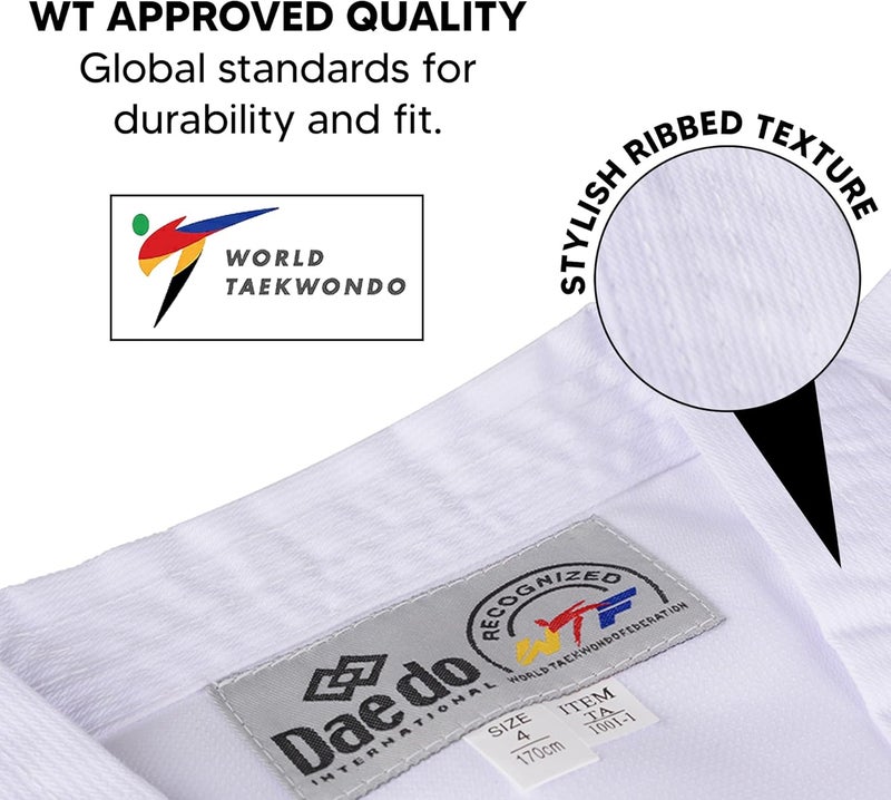 Dae Do Taekwondo Beginner Uniform - WT Recognized, International Standards, White V-Neck, Includes Pants & Belt - Image 1